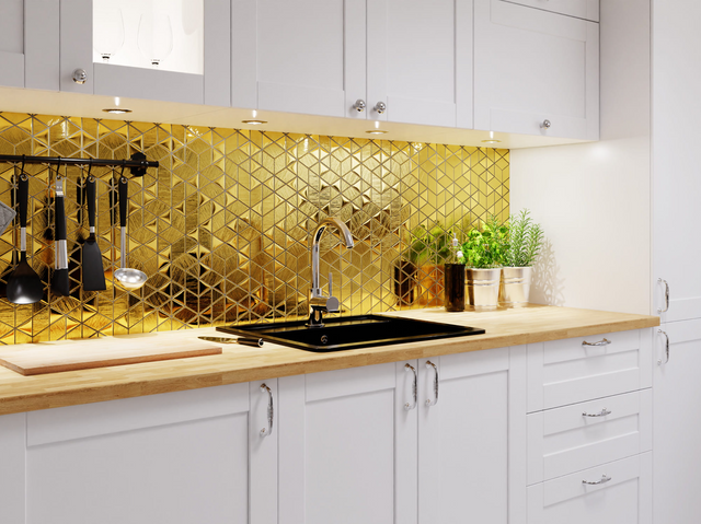 Glasmosaik auf Netz für Bad oder Küche 26,3 cm x 30,3 cm - Scratched Gold Mirror