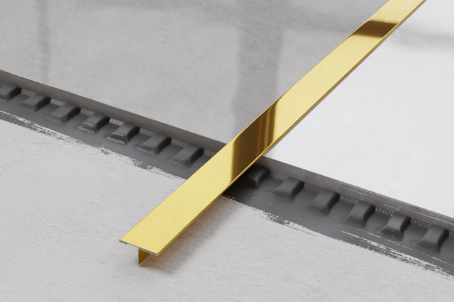 Profil décoratif en T avec couvercle de raccord en acier inoxydable doré brillant
