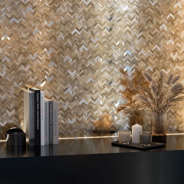 Mosaik aus satiniertem Aluminium auf Netz für Bad oder Küche 30 cm x 30 cm – Gold Chevron