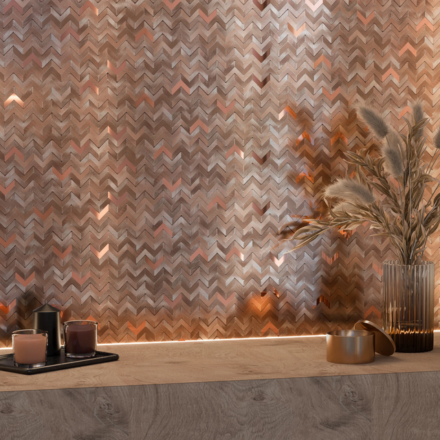 Satiniertes Aluminium-Mosaik auf Netz für Bad oder Küche 30 cm x 30 cm – Copper Chevron