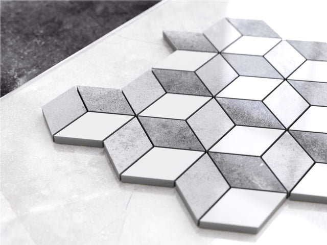 Mosaic in gres on mesh for bathroom or kitchen 30.5 cm x 26.5 cm - Gray big romb