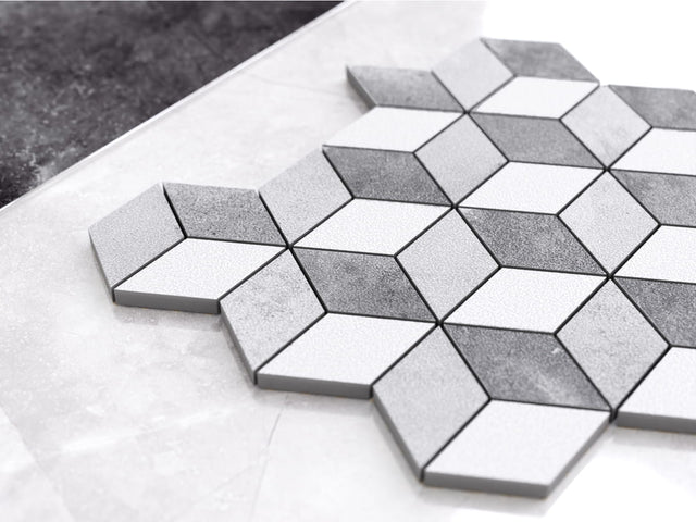 Mosaic in porcelain stoneware on mesh for bathroom or kitchen 30.5 cm x 26.5 cm - Gray big rhombus honed