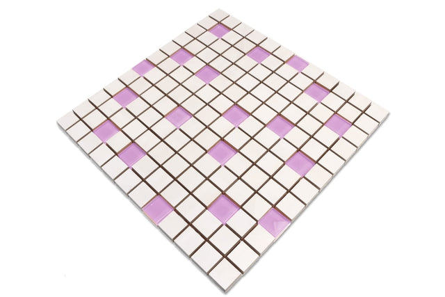 Mosaico in ceramica con inserti di vetro su rete per bagno o cucina 30 cm x 30 cm - Pink Violet