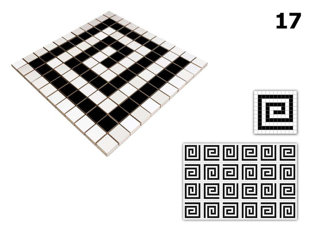 Mosaïque en céramique sur filet pour salle de bain ou cuisine 30 cm x 30 cm - Géométrique 17 Blanc noir