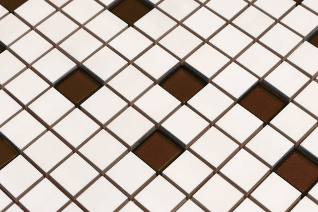 Ceramic mosaic with glass inserts on mesh for bathroom or kitchen 30 cm x 30 cm - White brown