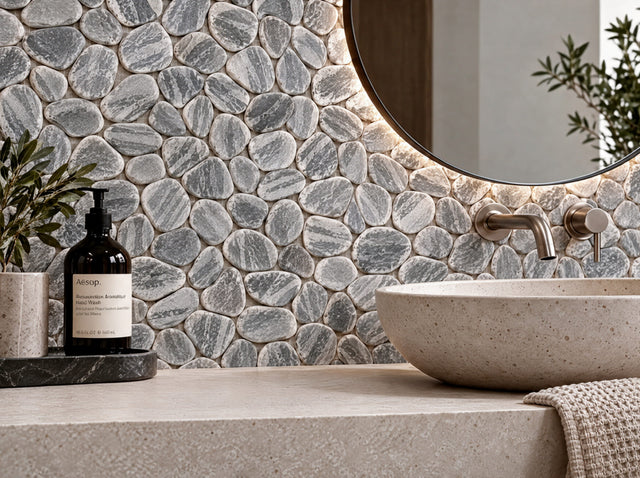 Natural stone mosaic on mesh, R11, for bathroom or kitchen 29.6 cm x 29.6 cm - Heart of stone