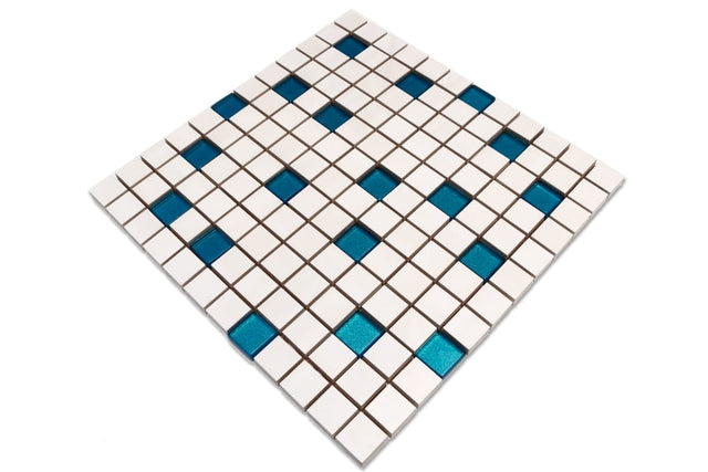 Mosaik aus Keramik mit Glasdetails auf Netz für Bad oder Küche 30 cm x 30 cm - Weiß blassblau