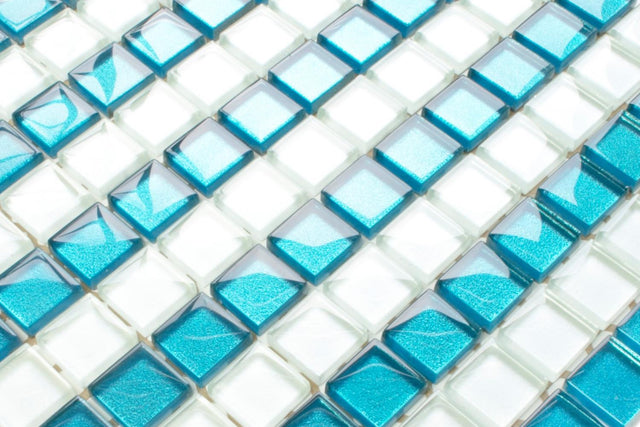 Mosaico de vidrio en red para baño o cocina 30 cm x 30 cm - Rayas azules
