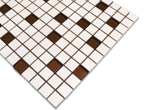 Ceramic mosaic with glass inserts on mesh for bathroom or kitchen 30 cm x 30 cm - White brown