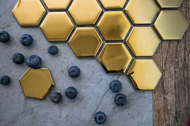 Mosaico de vidrio en red para baño o cocina 25.5 cm x 24.7 cm - Golden sunset