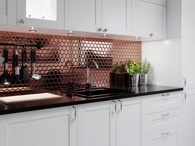 Mosaico de vidrio en red para baño o cocina 25.5 cm x 24.7 cm - Hexágono cobre