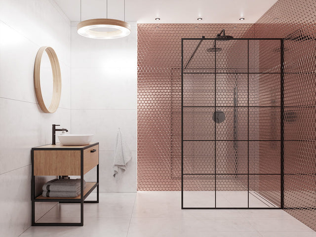 Mosaico de vidrio en red para baño o cocina 25.5 cm x 24.7 cm - Hexágono cobre