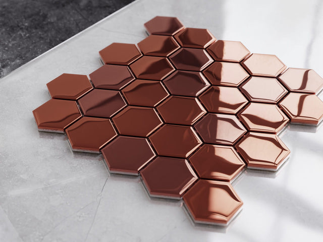 Mosaico de vidrio en red para baño o cocina 25.5 cm x 24.7 cm - Hexágono cobre