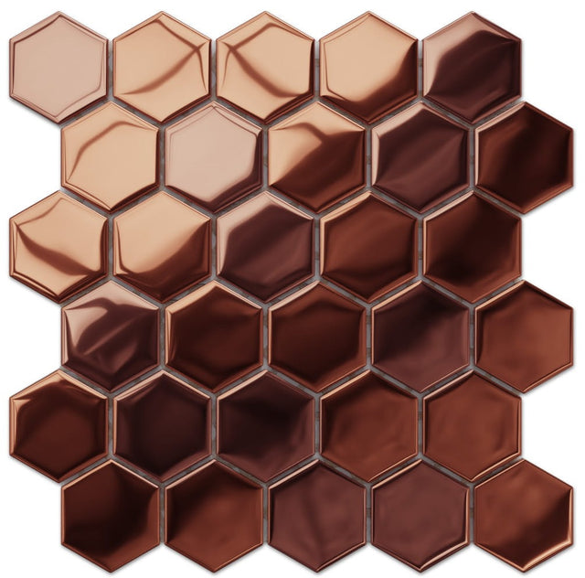 Mosaico de vidrio en red para baño o cocina 25.5 cm x 24.7 cm - Hexágono cobre