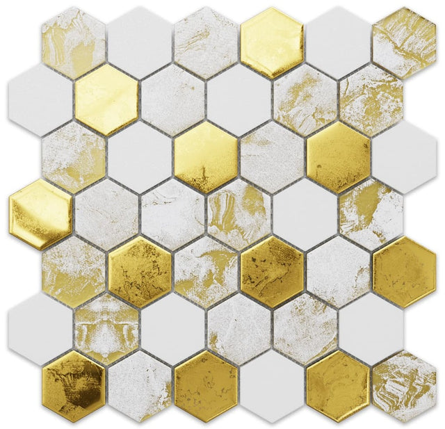 Mosaico in vetro esagonale su rete per bagno o cucina 30 cm x 30.3 cm - White lava