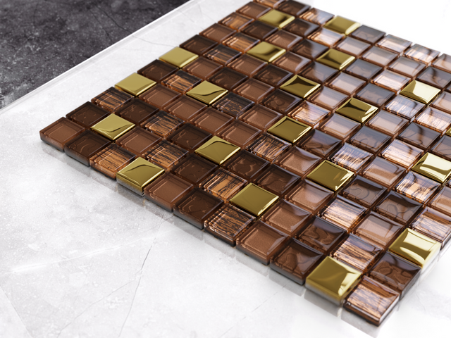 Mosaico in vetro su rete per bagno o cucina 30 cm x 30 cm – Azteca Gold