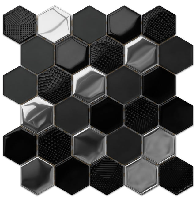 Mosaïque en verre hexagonal sur filet pour salle de bain ou cuisine 25,5 cm x 24,7 cm - Silver lava