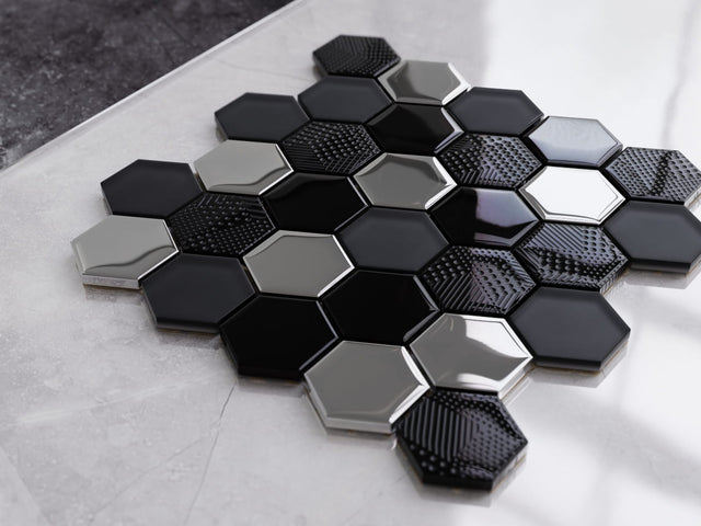 Mosaico in vetro esagonale su rete per bagno o cucina 25.5 cm x 24.7 cm - Silver lava