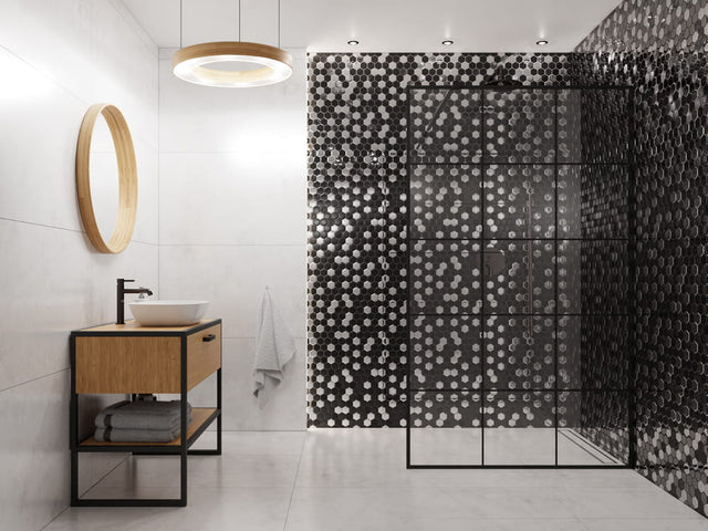 Mosaïque en verre hexagonal sur filet pour salle de bain ou cuisine 25,5 cm x 24,7 cm - Silver lava