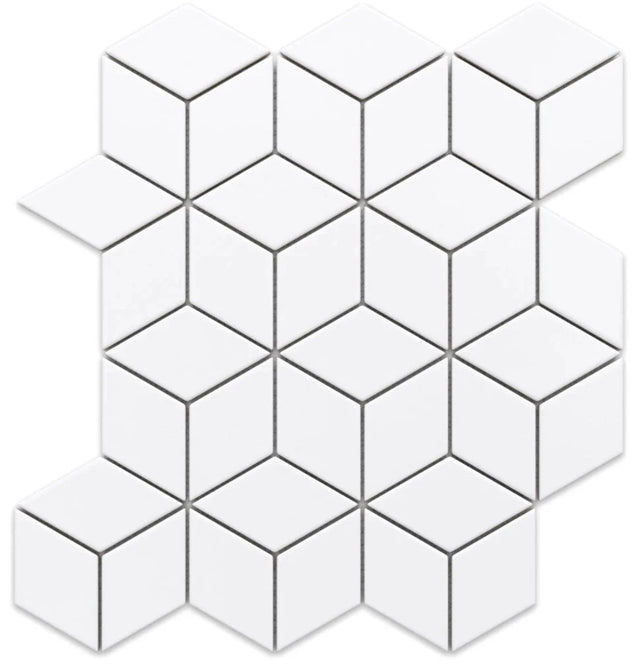 Ceramic mosaic on mesh for bathroom or kitchen 30.5 cm x 26.5 cm - White geometric cubes