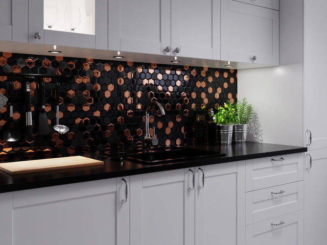 Hexagonales Glas-Mosaik auf Netz für Bad oder Küche 25,5 cm x 24,7 cm - Kupferlava