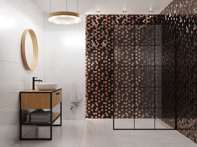 Mosaïque en verre hexagonal sur filet pour salle de bain ou cuisine 25,5 cm x 24,7 cm - Cuivre lave