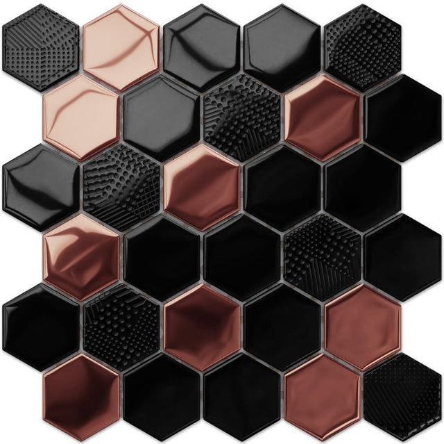 Mosaïque en verre hexagonal sur filet pour salle de bain ou cuisine 25,5 cm x 24,7 cm - Cuivre lave