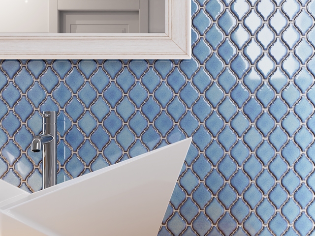 Mosaico de cerámica en malla para baño o cocina 28.2 cm x 25.2 cm - Blue arabesque