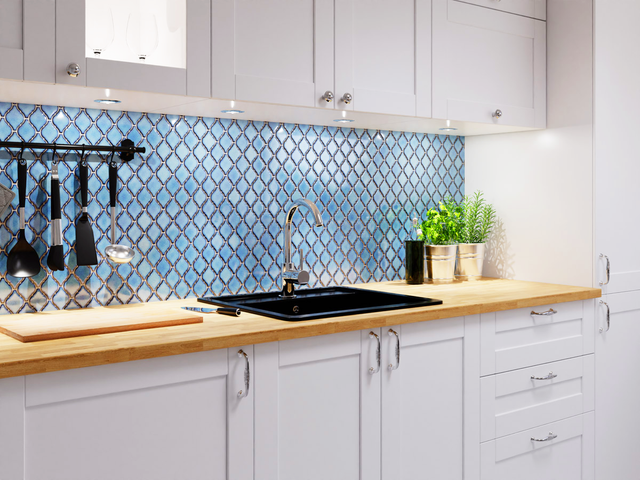 Mosaico de cerámica en malla para baño o cocina 28.2 cm x 25.2 cm - Blue arabesque