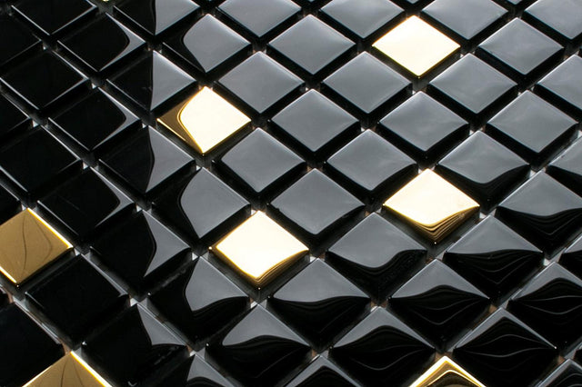 Mosaïque en verre sur filet pour salle de bain ou cuisine 30 cm x 30 cm - Noir or