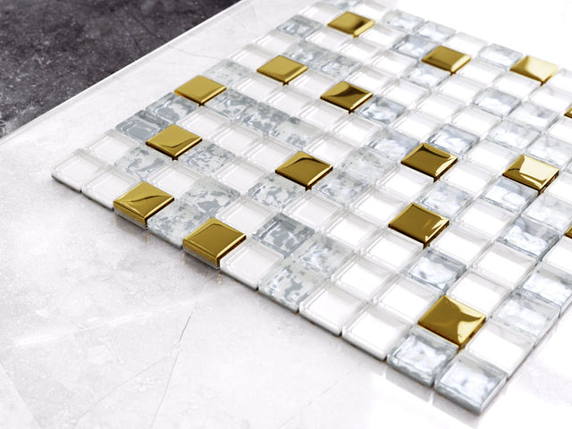 Mosaico in vetro su rete per bagno o cucina 30 cm x 30 cm - Frozen gold