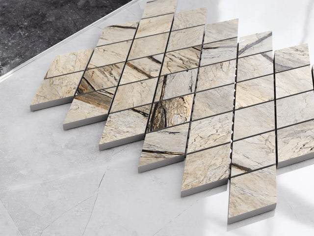 Mosaico de gres en red para baño o cocina 29.2 cm x 25 cm – mármol Carrara rombo