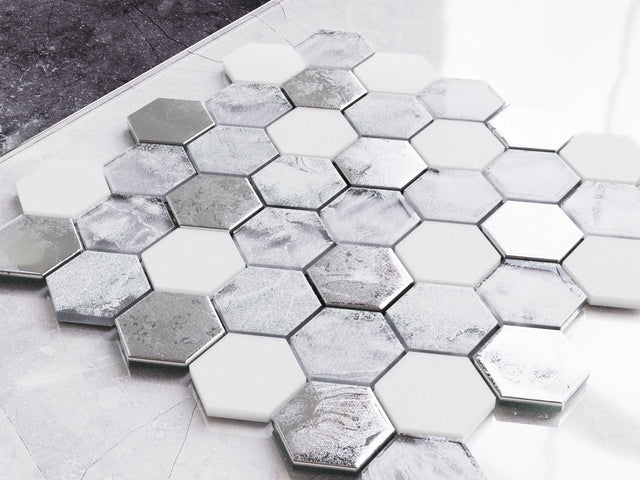 Mosaik aus sechseckigem Glas auf Netz für Bad oder Küche 30 cm x 30,3 cm - Weißer Lavastein