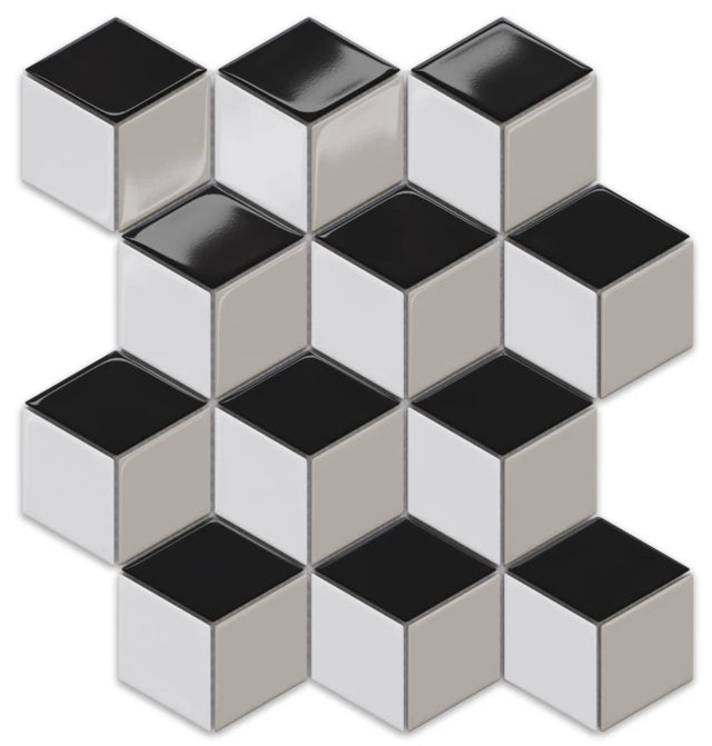 Stoneware mosaic on mesh for bathroom or kitchen 30.5 cm x 26.5 cm - White geometric cubes