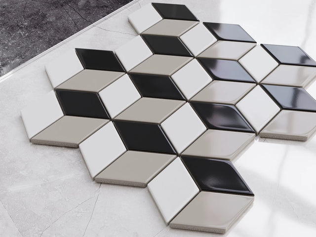 Stoneware mosaic on mesh for bathroom or kitchen 30.5 cm x 26.5 cm - White geometric cubes