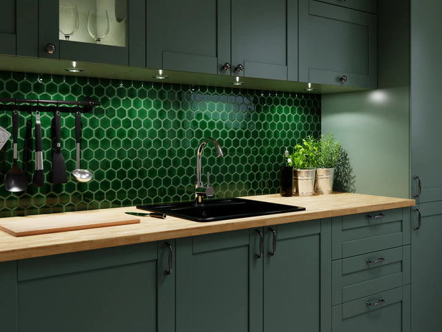 Hexagonal ceramic mosaic on mesh for bathroom or kitchen 32.3 cm x 27.7 cm - Deep Green