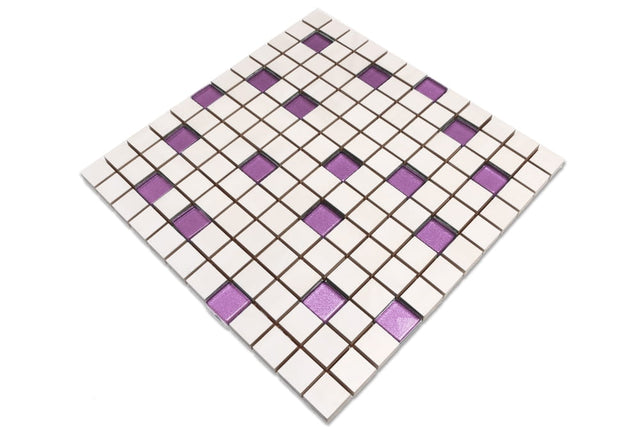 Ceramic mosaic with glass inserts on mesh for bathroom or kitchen 30 cm x 30 cm - White violet