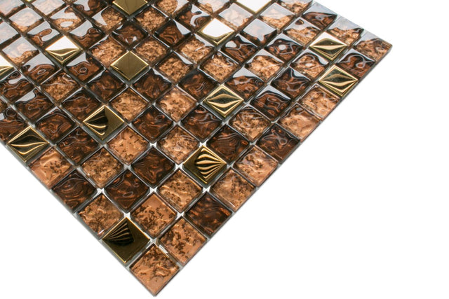 Mosaïque en verre sur filet pour salle de bain ou cuisine 30 cm x 30 cm - Or brun