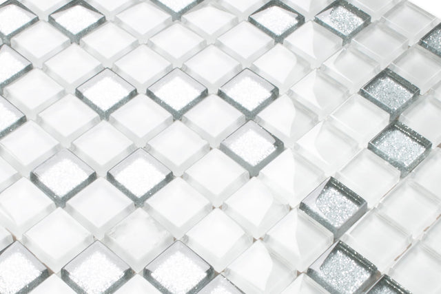 Mosaico in vetro su rete per bagno o cucina 30 cm x 30 cm -  Silver Crystal