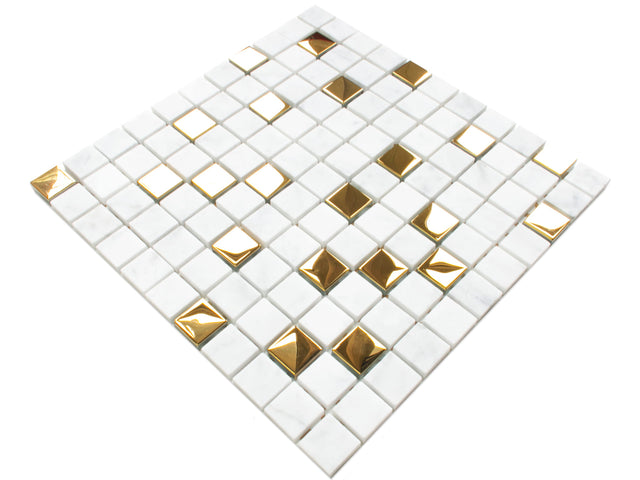 Mosaico de piedra natural con insertos de vidrio, en malla para baño o cocina 30 cm x 30 cm - Mármol Dorado