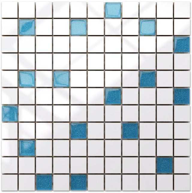 Mosaico in ceramica con inserti di vetro su rete per bagno o cucina 30 cm x 30 cm - White pale blue