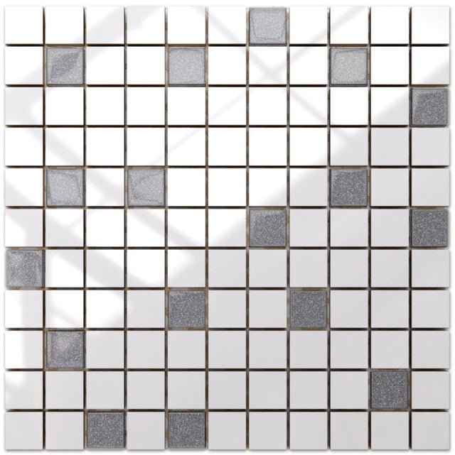 Mosaico in ceramica con inserti di vetro su rete per bagno o cucina 30 x 30 cm - White grey Diamonds