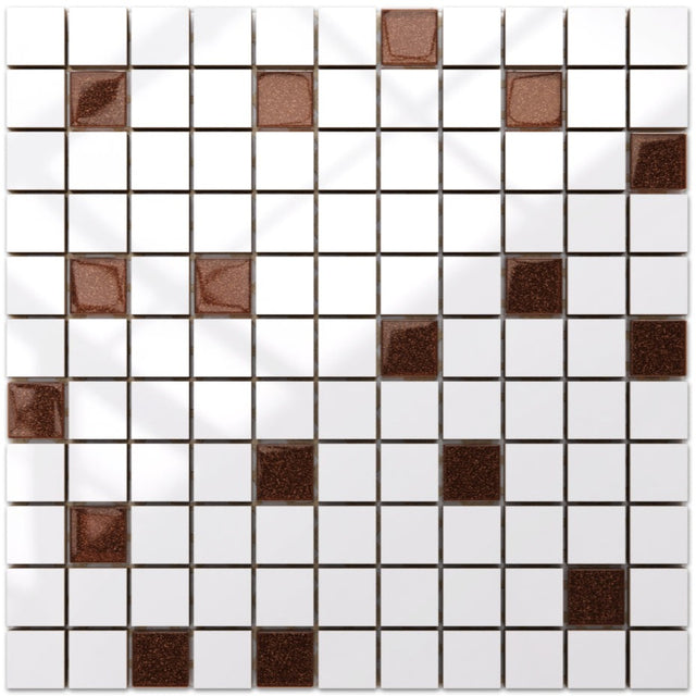 Mosaico in ceramica con inserti di vetro su rete per bagno o cucina 30 x 30 cm - White brown