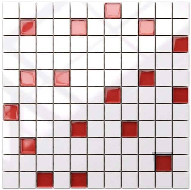 Mosaico in ceramica con inserti di vetro su rete per bagno o cucina 30 x 30 cm - White red