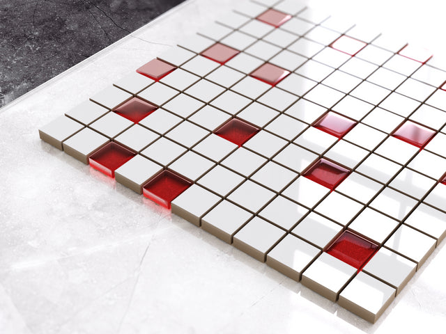 Mosaico in ceramica con inserti di vetro su rete per bagno o cucina 30 x 30 cm - Raspberries