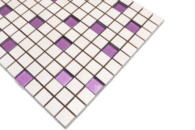 Ceramic mosaic with glass inserts on mesh for bathroom or kitchen 30 cm x 30 cm - White violet