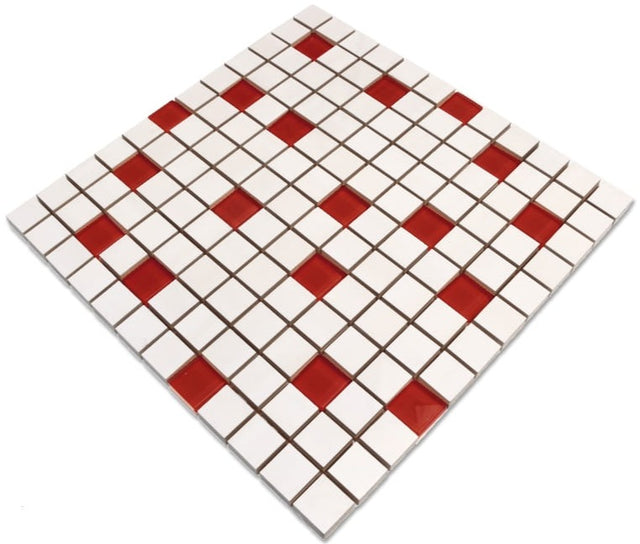 Mosaico in ceramica con inserti di vetro su rete per bagno o cucina 30 cm x 30 cm - White red