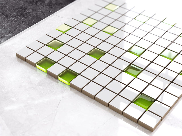 Mosaico in ceramica con inserti di vetro su rete per bagno o cucina 30 x 30 cm - White green"