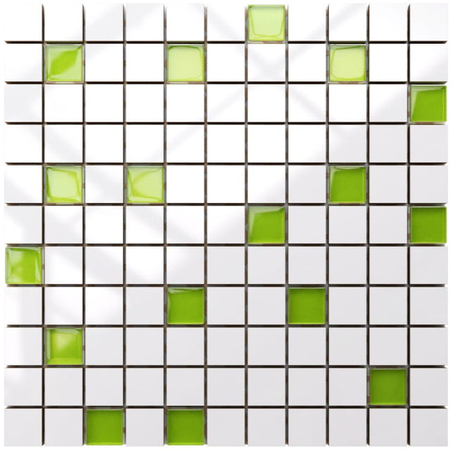 Mosaico in ceramica con inserti di vetro su rete per bagno o cucina 30 cm x 30 cm - White green"