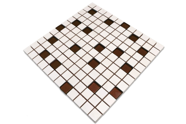 Mosaico in ceramica con inserti di vetro su rete per bagno o cucina 30 cm x 30 cm - White brown